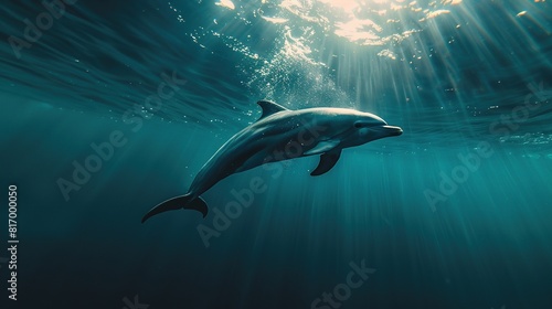 dolphin underwater on blue ocean background looking at you © Terablete