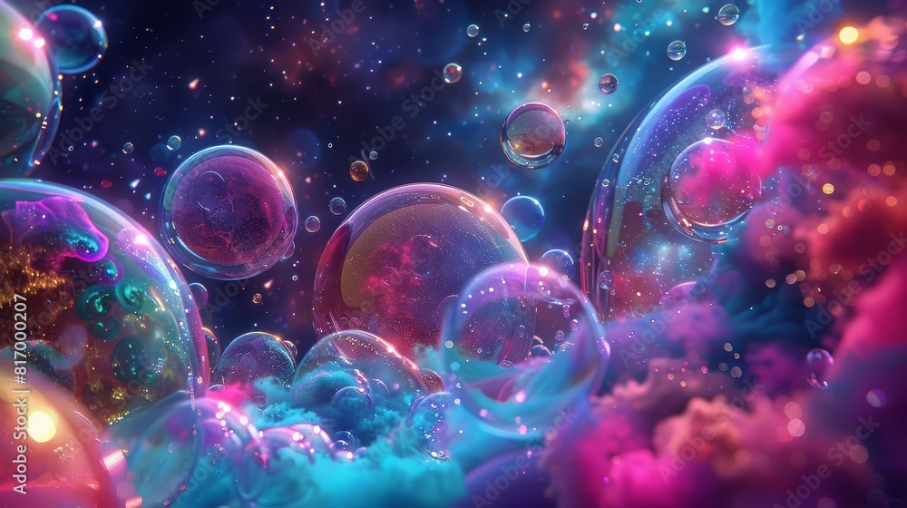 Cosmic bubbles floating in a celestial cloudscape with vibrant colors of a dreamlike outer space fantasy Cosmic bubbles floating in a celestial cloudscape with vibrant colors of a dreamlike outer space fantasy