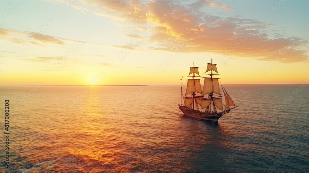 Small sailing ship in the open sea at sunset. An enchanting 17th-century vessel, exuding a sense of tranquility and serenity as it sails through calm waters, carrying dreams and aspirations. Small sailing ship in the open sea at sunset. An enchanting 17th-century vessel, exuding a sense of tranquility and serenity as it sails through calm waters, carrying dreams and aspirations.