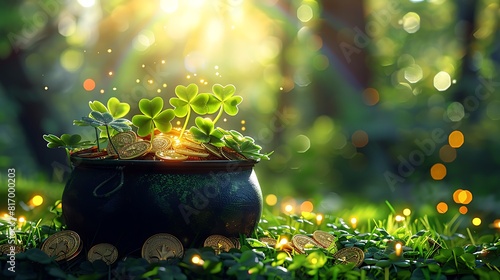A pot with gold point with leaf clover and rainbow St. Patrick's Day.