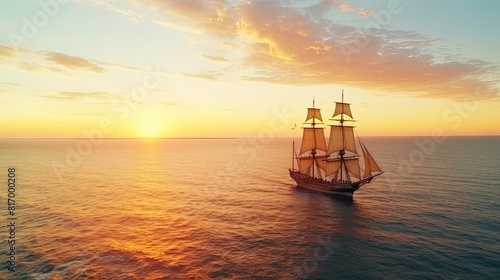 Small sailing ship in the open sea at sunset. An enchanting 17th-century vessel, exuding a sense of tranquility and serenity as it sails through calm waters, carrying dreams and aspirations. photo