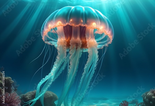 jellyfish swimming into the ocean beautiful isolated jellyfish in the ocean with beautiful original colour © Hdesigns