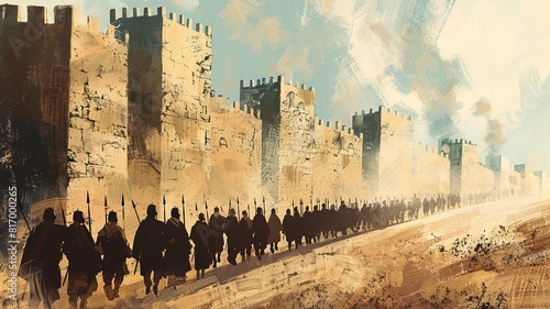 A minimalist graphic depiction of the historic event showcasing the Jewish army marching around Jericho, portrayed with clean lines and abstract forms, capturing the essence of the ancient biblical 