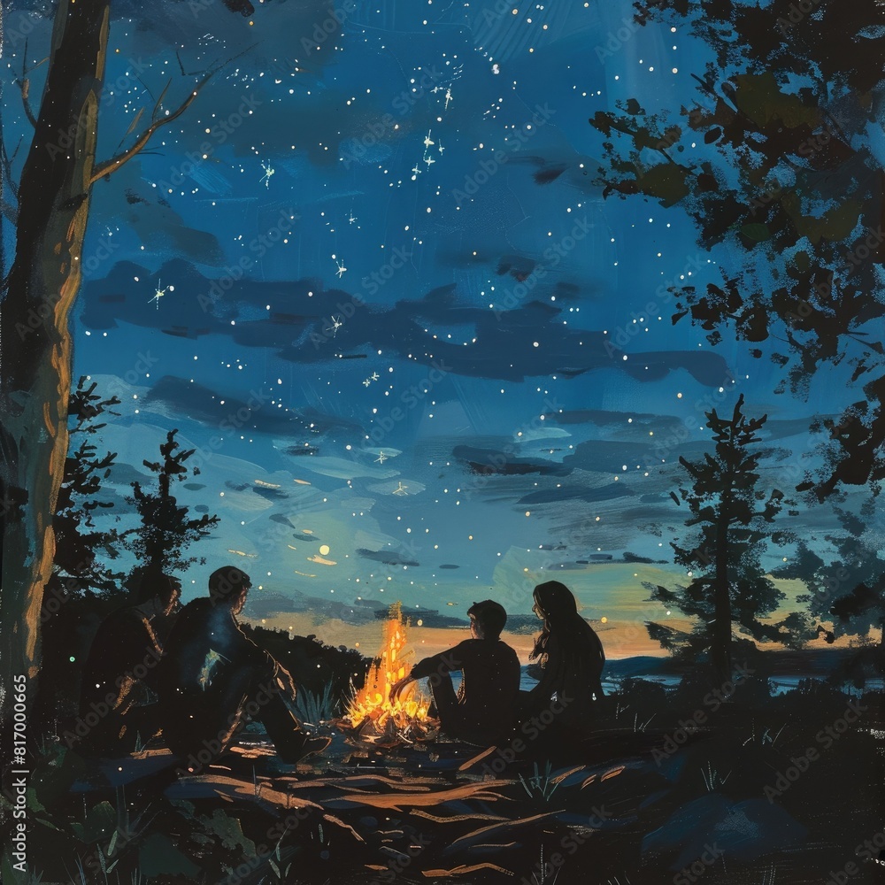 A group of friends sitting around a campfire at dusk, with the stars beginning to appear overhead. A group of friends sitting around a campfire at dusk, with the stars beginning to appear overhead.