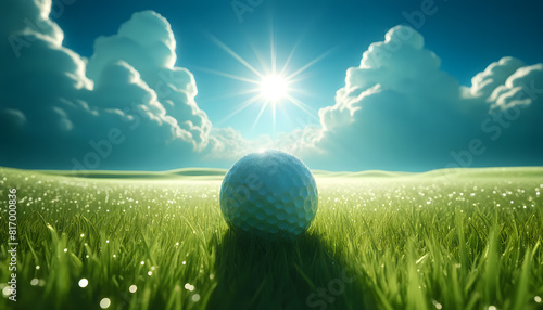 a golf ball on lush green grass, illuminated by a bright morning sun. The image captures the ball up close, resting on the dew-covered grass with light reflecting off the droplets. photo