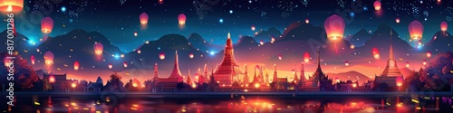 Vibrant Cartoon Scene of Floating Lanterns During a Colorful Lantern Release Ceremony at Wat Phra Kaew