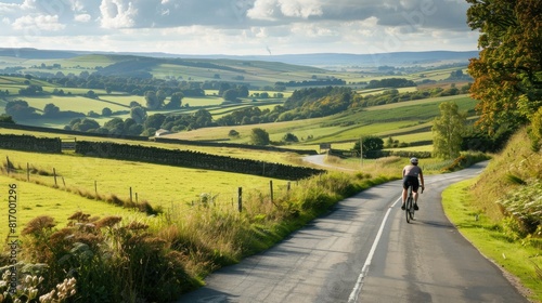 A cyclist riding along a winding road through a scenic countryside, with fields stretching into the distance. 