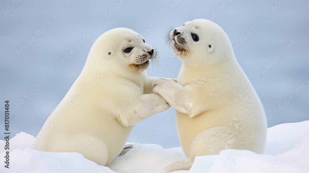 Newborn cute white seal baby on ice. Playful seal pup clumsily frolicking on the frozen expanse, a picture of untamed beauty. Newborn cute white seal baby on ice. Playful seal pup clumsily frolicking on the frozen expanse, a picture of untamed beauty.