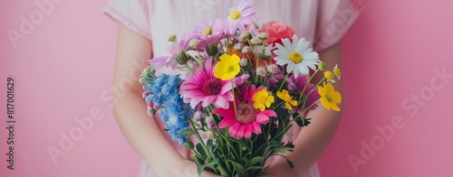 Crop anonymous person holding a vibrant bouquet of spring flowers  close up on hands  theme of renewal  realistic  Silhouette  pink backdrop