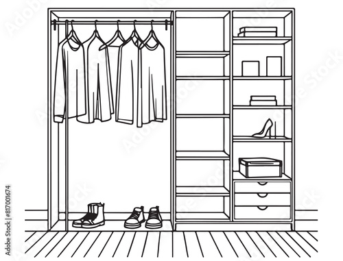 Wardrobe sketch. Clothes on the hangers. Hand drawn illustration