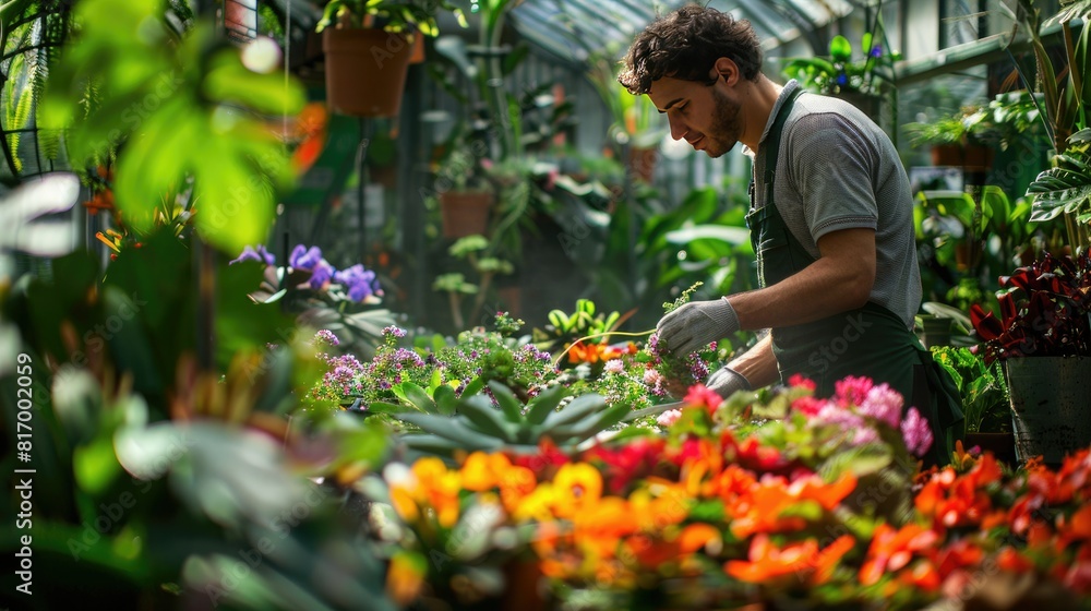A gardener tending to plants in a greenhouse filled with colorful flowers and lush foliage. A gardener tending to plants in a greenhouse filled with colorful flowers and lush foliage.