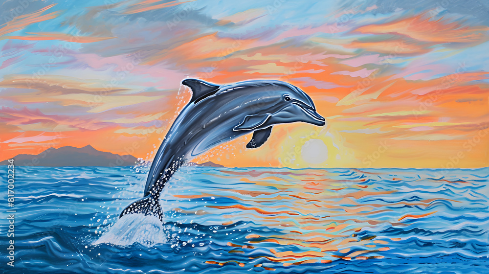 Obraz premium A graceful dolphin breaches the surface amidst a setting sun and calm waves, with distant islands visible on the horizon. An enchanting and serene scene captured in a vibrant acrylic painting.