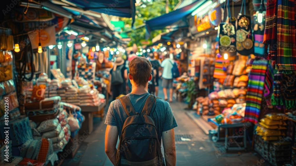 A traveler exploring a bustling market in a foreign city, with vibrant stalls and exotic goods on display. A traveler exploring a bustling market in a foreign city, with vibrant stalls and exotic goods on display.