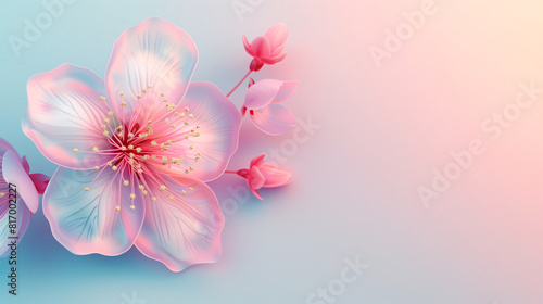 Pink cherry blossom flowers in 3D surreal style on gradient holographic pink and blue background with copy-space for text. Background series for summer and spring floral.