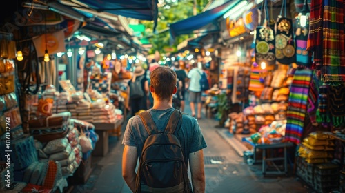 A traveler exploring a bustling market in a foreign city  with vibrant stalls and exotic goods on display. 