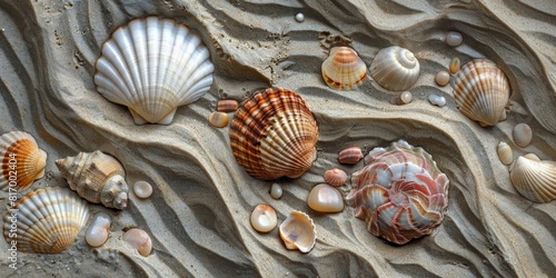 Fototapeta Naklejka Na Ścianę i Meble -  Zoom in on the intricate patterns and textures found in sand grains, seashells, and beach pebbles