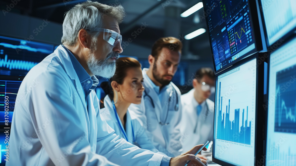 Fototapeta premium A team of scientists and medical professionals in laboratory coats review data and graphs on multiple monitors, focusing on analysis and research within a high-tech lab environment.