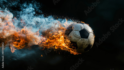 Soccer ball engulfed in flames against a stark black background  showcasing power and energy