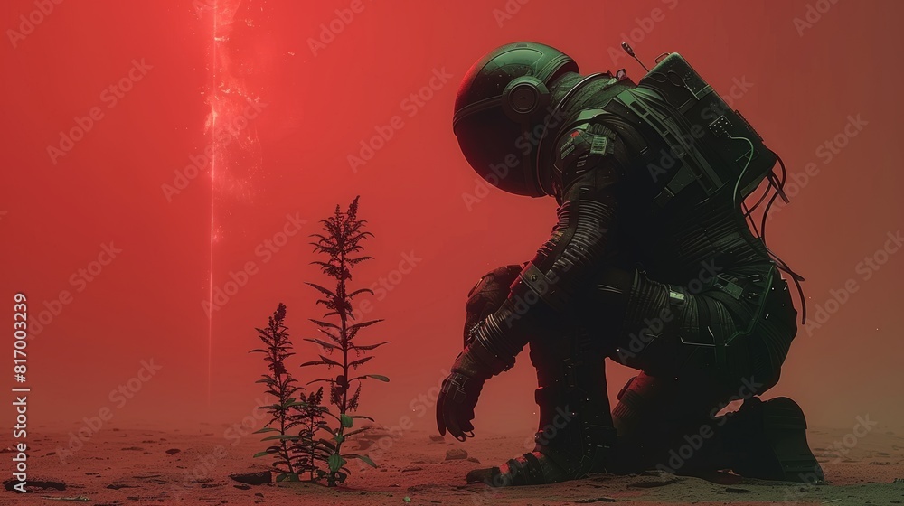 Fototapeta premium Astronaut exploring and collecting distinctive flowers in mesmerizing alien habitat