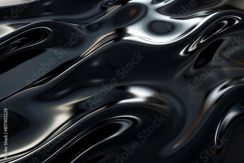 : Elegant black backdrop featuring fluid metallic lines that form intricate wave patterns, with subtle reflections enhancing depth and dimension.