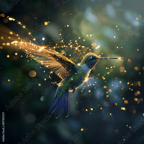 Magic hummingbird flying with sparkles 