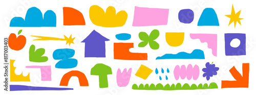 Set of cut out shapes elements, Vector paper abstract rough flower and nature doodle. Organic background with simple and naive icons. New bold and trendy forms.