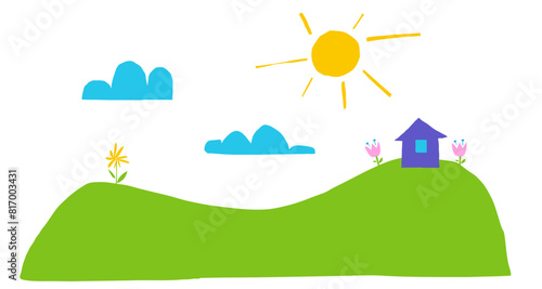 Cut out childish landscape with house and sky and sun and flowers. Simple naive shape collage (ID: 817003431)