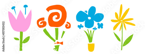 Set of naive cutout flowers. Abstract vector collage elements. Rough shapes of rose and plants