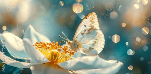Beautiful butterfly on anemone flower with blue background banner, macro photo of yellow stamens and petals in spring nature photo