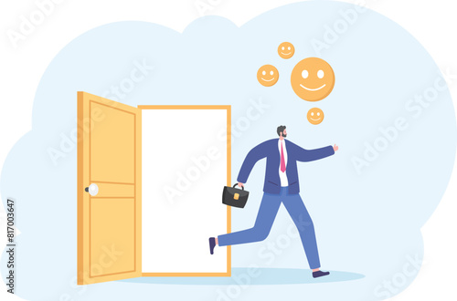 resign from job to get happiness. resign from work or get out of work. a worker or employee out of door to get freedom and peace. illustration concept design. graphic element

