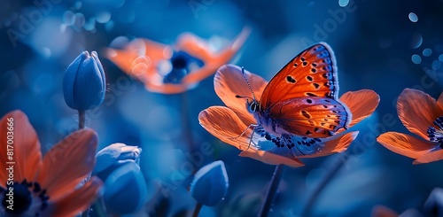 Beautiful butterfly on anemone flower with blue background, macro photo of nature, macro photography of spring flowers and flying orange butterfly in closeup, 