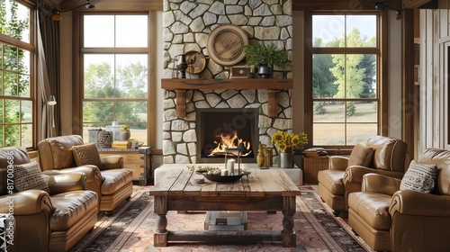 Farmhouse Living Room Stone Fireplace and Rustic Wood Elements Evoke Tranquil Pastoral Life photo