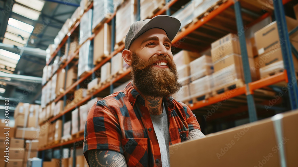Smiling bearded man with a tattooed arm and cap holding a cardboard box in a large warehouse with shelves full of packages and boxes.