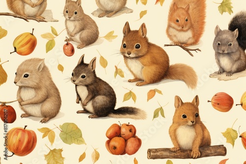 A seamless pattern with cute squirrels and autumn leaves. Perfect for fabric, wallpaper, and other home decor projects.