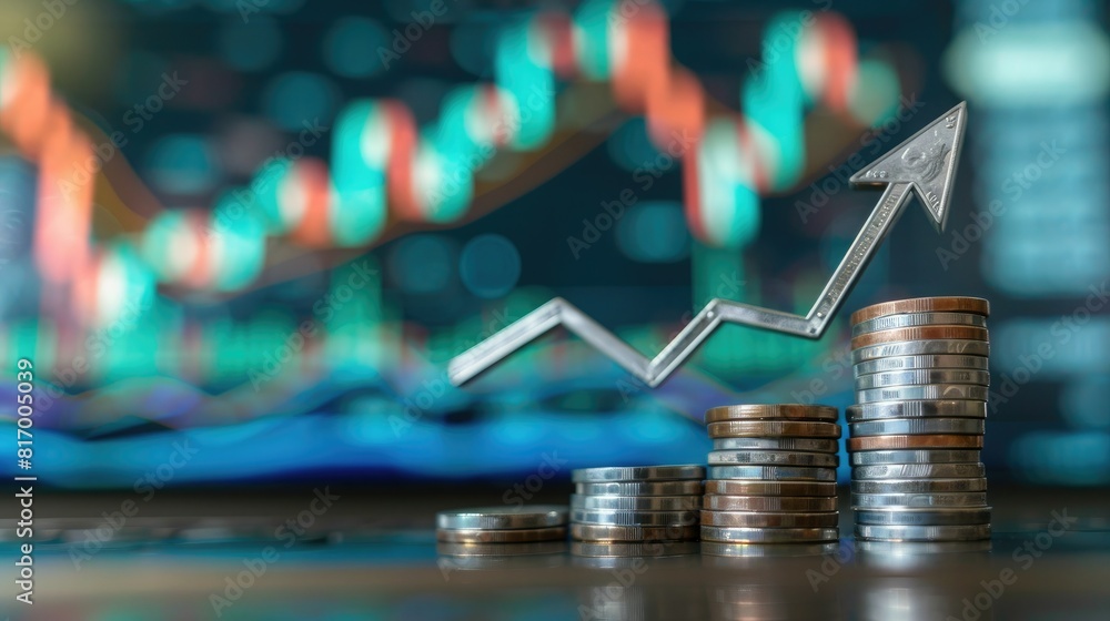 An upward arrow superimposed on a trading chart background with a stack of silver coins at the base, symbolizing financial growth. An upward arrow superimposed on a trading chart background with a stack of silver coins at the base, symbolizing financial growth.