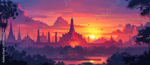 Serene Sunset Glowing Over Picturesque Wat Phra Kaew Temple Landscape in Cartoon