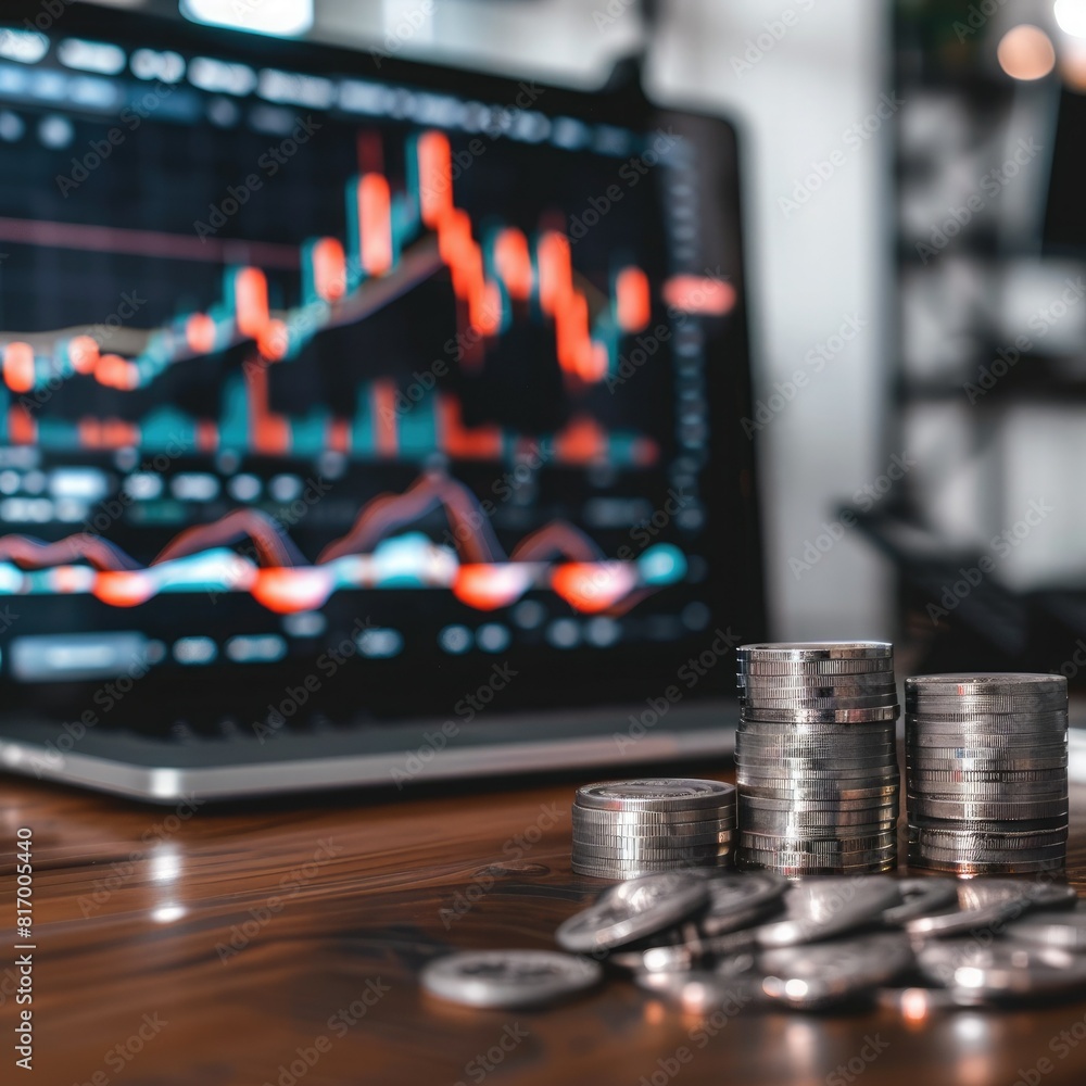 A financial expert giving a presentation on investment strategies with a large trading chart and a stack of silver coins displayed on a screen. A financial expert giving a presentation on investment strategies with a large trading chart and a stack of silver coins displayed on a screen.