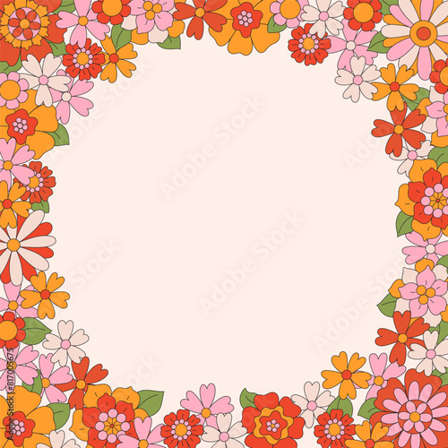 70s 60s retro groovy wreath of hippie daisy flowers. Floral square frame isolated on background. Hand-drawn illustration in vintage boho style