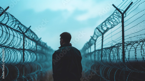 Silhouetted person standing between two rows of barbed wire fencing, creating a feeling of isolation and confinement. The scene is set during twilight, adding a moody atmosphere.