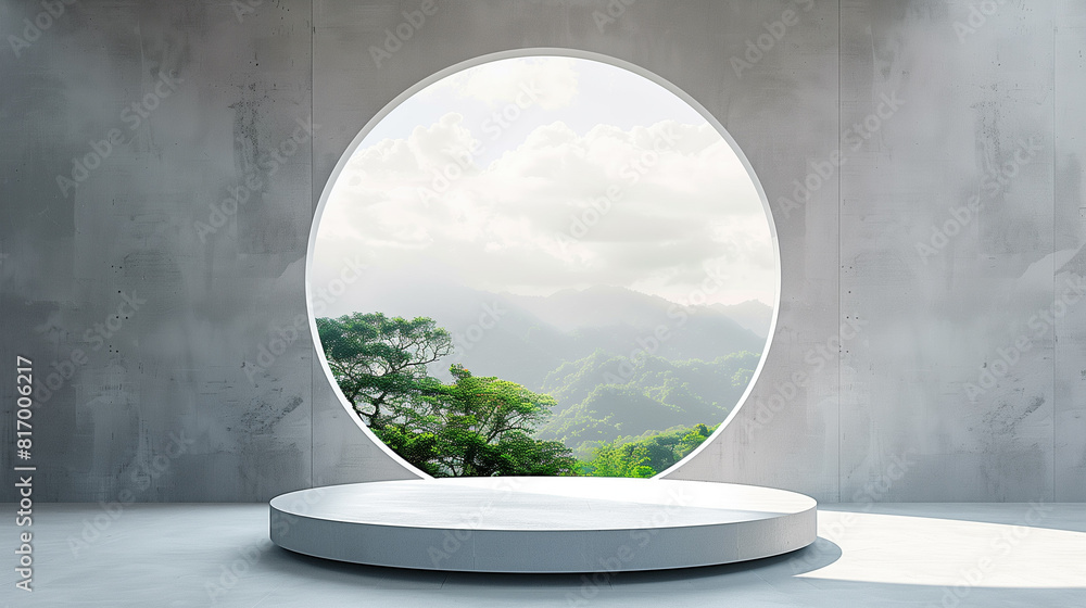 3d render of empty concrete room with large circle window and round podium for product presentation on nature background. 3d render of empty concrete room with large circle window and round podium for product presentation on nature background.