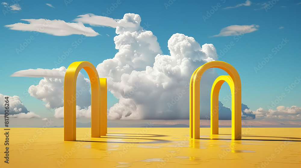 3d render, Surreal desert landscape with yellow arches and white clouds in the blue sky. Modern minimal abstract background . 3d render, Surreal desert landscape with yellow arches and white clouds in the blue sky. Modern minimal abstract background .