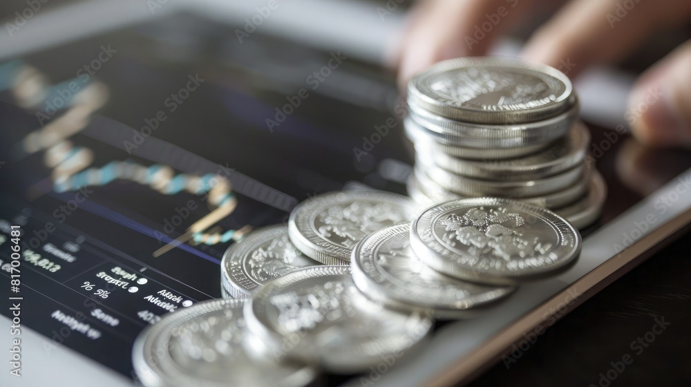 A person using a tablet to trade stocks online with a stack of silver coins and a trading chart displayed on the device. 