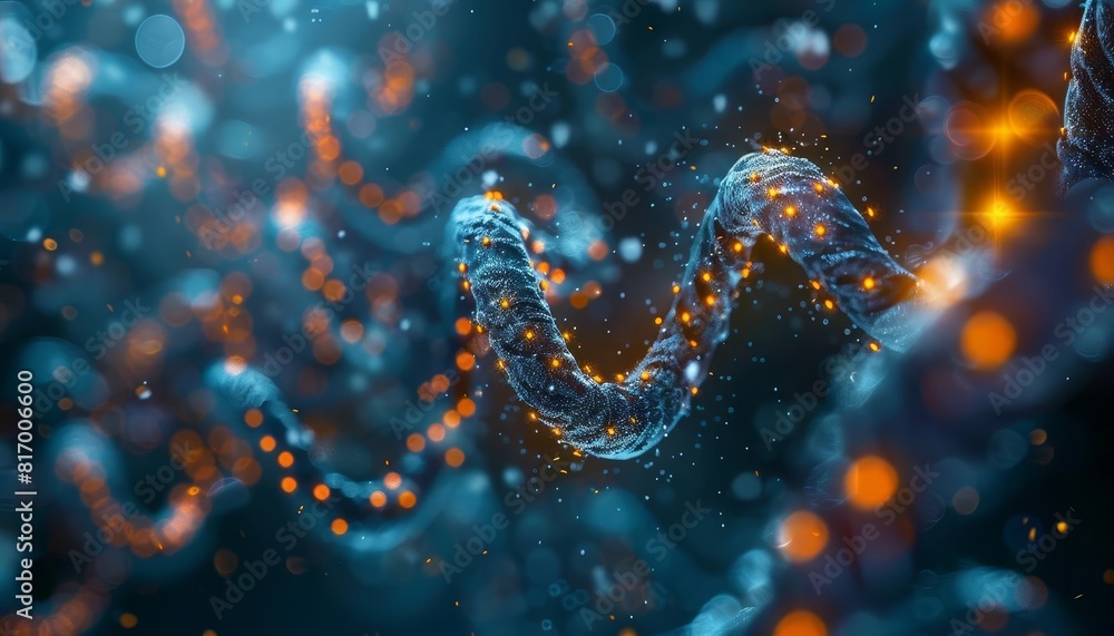 Create an abstract ing of a glowing blue double helix with randomly placed glowing orange spheres Create an abstract ing of a glowing blue double helix with randomly placed glowing orange spheres