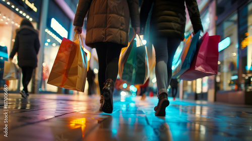 Low-angle shot of shoppers walking with colorful shopping bags on a well-lit city street at night, reflecting a vibrant urban shopping experience.