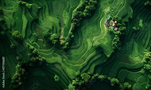 From above view green landscape with farm and rice fields