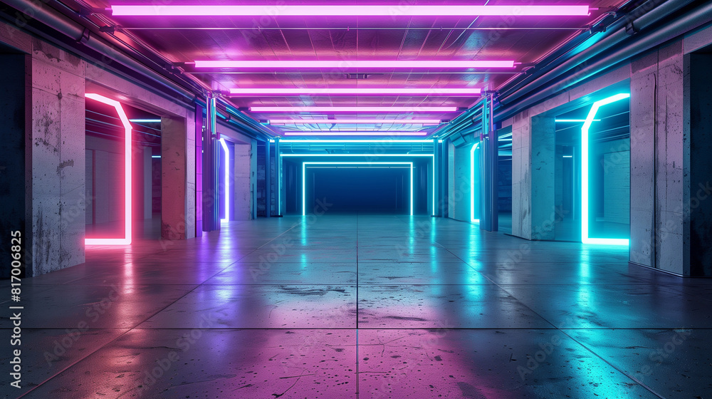 Abstract Futuristic Sci Fi Concrete Room With Different Glowing Neon Lights And Reflections Space For Text 3d Rendering. Abstract Futuristic Sci Fi Concrete Room With Different Glowing Neon Lights And Reflections Space For Text 3d Rendering.