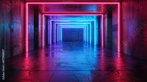 Abstract Futuristic Sci Fi Concrete Room With Different Glowing Neon Lights And Reflections Space For Text 3d Rendering.