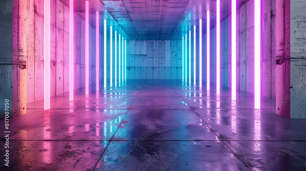 Abstract Futuristic Sci Fi Concrete Room With Different Glowing Neon Lights And Reflections Space For Text 3d Rendering. Abstract Futuristic Sci Fi Concrete Room With Different Glowing Neon Lights And Reflections Space For Text 3d Rendering.