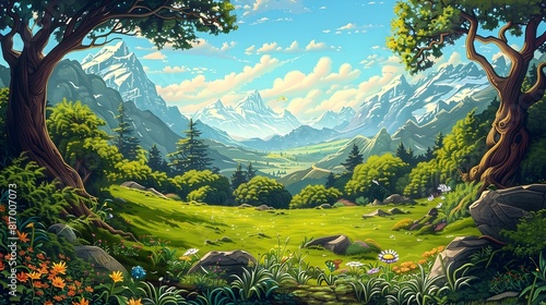 Enchanting Fantasy Landscape with Majestic Mountains and Lush Meadows