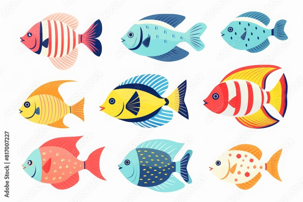 Fototapeta premium Minute tropical fish flat design top view aquarium smalls theme water color Triadic Color Scheme